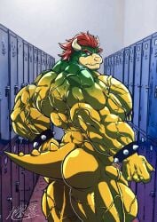 2023 absurd_res anthro ass back_muscles barazoku barely_visible_genitalia barely_visible_penis biceps big_butt big_muscles bowser bowser_day bracelet deltoids eyebrows frown genitals hair hamstrings hi_res horn huge_butt huge_muscles huge_thighs inside jewelry koopa kyuuhari locker_room looking_at_viewer looking_back looking_back_at_viewer male male_only manly mario_(series) muscular muscular_anthro muscular_male nintendo nipple_piercing nipple_ring nipples non-mammal_nipples nude pecs penis piercing quads ring_piercing scalie signature solo spiked_bracelet spiked_tail spikes spikes_(anatomy) standing tail teeth thick_thighs triceps vein veiny_muscles