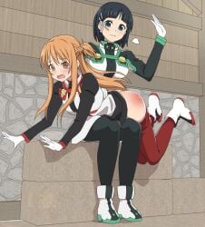 ass black_hair black_pants blush crying eingyeo green_outfit kirigaya_suguha legs_up long_hair looking_back open_mouth orange_hair red_outfit red_pants red_shoes spanking sword_art_online yuuki_asuna