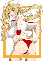 absurdres ahoge ass bandaid bandaid_on_leg blonde_hair blue_eyes border breasts buruma buruma_pull commentary counter:side cowboy_shot d.c_(kdh4016) female from_behind hair_ribbon highres large_breasts leaning_forward long_hair looking_at_viewer looking_back naielle_bluesteel naielle_bluesteel_(fierce_ace)_(counter:side) open_mouth orange_border outside_border red_buruma red_wristband ribbon shirt short_sleeves simple_background solo twintails white_background white_ribbon white_shirt