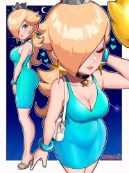 1girls bag black_choker blonde_hair blue_dress blue_eyes blue_nails bracelet breasts c-shape choker cleavage crown curvy dress earrings female full_body hair_over_one_eye heart high_heels jewelry large_breasts long_hair luma mario_(series) nail_polish necklace nintendo princess_rosalina sarukaiwolf short_dress shoulder_bag side_view sleeveless sleeveless_dress smile star_(symbol) star_choker star_earrings super_mario_galaxy toenail_polish toenails