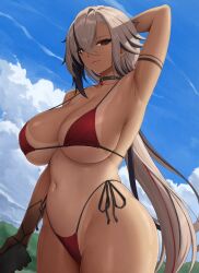 1girls alternate_breast_size alternate_version_available arlecchino_(genshin_impact) armpits arms_up beach bikini breasts female genshin_impact hips huge_breasts long_hair outdoors red_eyes tan tan-skinned_female tanline tanlines tanned_skin thick_thighs thighs white_hair wide_hips zaphn