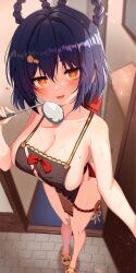 alternate_breast_size big_breasts blue_hair blush cleavage front_view genshin_impact guoba_(genshin_impact) looking_at_viewer mole mole_on_breast naked_apron open_door ribbon slim_girl smiling smiling_at_viewer standing w.k xiangling_(genshin_impact) yellow_eyes