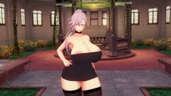 black_dress black_thighhighs emilia_ludwell exposed_pussy huge_breasts koikatsu lipstick looking_at_viewer maou_gakuin_no_futekigousha no_panties pov skindentation thick_hips thick_thighs thigh_highs thighhighs white_hair