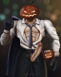 1boy 2022 abs artpoyy balls bara barazoku big_balls big_penis clothing gay halloween hi_res highres jack-o'-lantern male male_focus male_nipples male_only manly muscles muscular muscular_male nipples penis precum precum_drip pumpkin pumpkin_head pumpkin_head_(character) solo solo_male vein veiny_penis yop5281