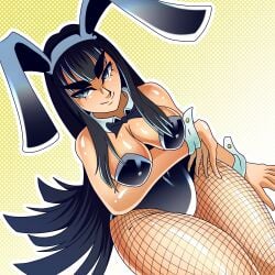 black_hair blue_eyes breasts bunny_ears bunnysuit dual_dragon female female_only fishnets from_above hime_cut kill_la_kill kiryuuin_satsuki long_hair looking_at_viewer looking_up playboy_bunny simple_background sitting smile thick_eyebrows thick_thighs