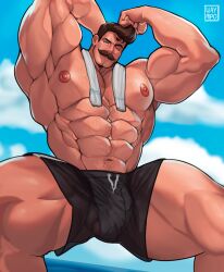 1boy 2023 abs balls bara barazoku biceps big_bulge bulge bulge_through_clothing clothing daddy facial_hair gay hairy hairy_chest hi_res highres huge_bulge looking_at_viewer male male_focus male_nipples male_only manly moustache muscles muscular muscular_arms muscular_legs muscular_male muscular_thighs nipples penis penis_outline solo solo_male spread_legs squatting waympo