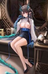 1girls 2023 arknights bare_legs barefoot black_hair blush breasts breasts_out chinese_clothes dragon_girl dragon_horns dusk_(arknights) earrings female hi_res high_heels horns jewelry light-skinned_female light_skin looking_at_viewer medium_breasts nipples pointy_ears red_eyes ru_zhai sitting solo tail