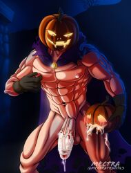 1boy 2021 abs balls bara barazoku biceps big_balls big_penis cape completely_nude cum cum_drip cum_dripping_from_penis gay genital_fluids half-erect halloween hi_res highres jack-o'-lantern looking_at_viewer male male_focus male_nipples male_only manly mectratron173 muscles muscular muscular_arms muscular_legs muscular_male muscular_thighs nipples nude penis precum precum_drip pumpkin pumpkin_head pumpkin_head_(character) solo solo_male vein veiny_penis