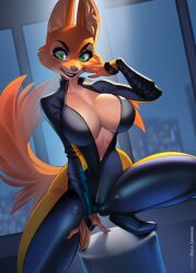 2023 anthro anthro_only aomori big_breasts black_lips bodysuit breasts canid canine cleavage clothed clothing crouching diane_foxington dreamworks eyebrow_piercing eyebrows facial_piercing female fox fur green_eyes half-closed_eyes heart hi_res lips mammal narrowed_eyes orange_body orange_fur piercing pose skinsuit smile solo the_bad_guys tight_clothing unzipped_bodysuit