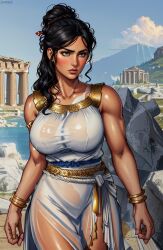 ai_generated athena athena_(greek_mythology) athletic_female black_hair brown_eyes goddess greece greek greek_mythology hair_bun medium_breasts muscular_female mythology outdoors parthenon stable_diffusion tan_skin temple toga virgin