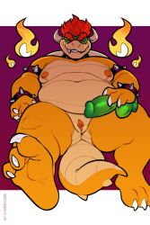 2023 andromorph anthro armband belly big_belly big_moobs border bowser bowser_day bracelet claws collar cuntboy dildo eyebrows feet fire front_view genderswap genderswap_(mti) genitals grey_border hair hi_res holding_dildo holding_object holding_sex_toy horn intersex jewelry koopa looking_at_viewer lying mario_(series) moobs nintendo nipples non-mammal_nipples nude on_back one_eye_closed overweight overweight_andromorph overweight_anthro overweight_intersex purple_background pussy rule_63 scalie seductive sex_toy shell simple_background smile smirk softsorbet soles solo spiked_armband spiked_bracelet spiked_collar spikes teeth text thick_thighs url wink