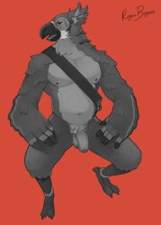 absurd_res anthro avian balls belly breath_of_the_wild cheepdeeper genitals hi_res humanoid_genitalia humanoid_penis kass_(tloz) male male_only nintendo nude pecs penis rito sitting solo the_legend_of_zelda