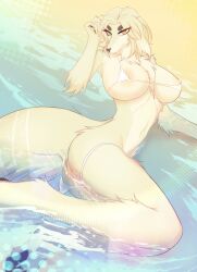 absurd_res anthro anus ass barely_visible_anus beach big_breasts blonde_hair borzoi breasts canid canine canis clothed clothing domestic_dog female fluffy fluffy_tail fur hair hi_res hunting_dog looking_at_viewer lying mammal nastycalamari nipple_slip nonoka_(nonoka917) on_side partially_clothed sea seaside sighthound skimpy solo tail tan_body tan_fur water