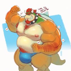 1up absurd_res anthro arm_hair armpit_hair beard belly biceps big_biceps big_bulge big_muscles big_pecs blush body_hair bowser bowser_day bulge chest_hair chest_tuft clothed clothing collar dialogue english_text facial_hair fist flexing flexing_bicep grin hair hi_res horn koopa looking_at_viewer male male_only mario_(series) mature_male musclegut muscular muscular_anthro muscular_male nintendo nipple_piercing nipples pecs piercing scalie simple_background smile solo spiked_collar spikes spikes_(anatomy) standing super_mario_bros. tail talking_to_viewer text toastyfuzzbuns topless tuft underwear