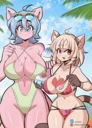 animal_ears big_breasts blonde_hair blue_eyes blue_hair breasts cleavage felis_(lucyfercomic) female female_focus female_only ice_cream kat_(lucyfercomic) lucyfercomic original original_character original_characters pink_skin red_eyes sunglasses sunglasses_on_head swimsuit tail thick_thighs thighs two_piece_swimsuit wide_hips