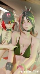 2girls 3d arms bare_legs bare_shoulders bare_thighs belly belly_button bikini black_bikini black_hair blue_eyes bottomless bracelet breast_envy breasts choker closed_mouth clothed clothing covered_breasts covered_nipples cum cum_drip cum_on_body cum_on_breasts digital_media_(artwork) dripping dusty_(fortnite) exclamation_point facing_viewer female female_focus female_only fortnite front_view green_eyes hair hands hands-free hands_together hat headwear helsie_(fortnite) hips image indoors instagram legs legs_together light_skin looking_at_another loose_bikini mostly_nude multicolored_hair naked naked_female navel no_panties nude nude_female open_eyes partially_clothed piercing piercings pointing pointing_at_breasts red_hair sagging_breasts shiny_skin short_hair shoulders sitting skinny smile spiked_bracelet spiked_collar spiked_hairband stomach tattoo tattoo_on_chest tattoos thighs twitter uzachan waist