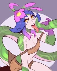 1girls breasts brown_clothing green_skin kneeling league_of_legends licking licking_tail looking_at_viewer neeko purple_hair riot_games solo solo_focus splashbrush suggestive tail thighs tongue tongue_out yellow_eyes