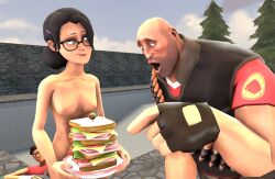 black_hair breasts cute eyelashes glasses green_eyes heavy_(team_fortress_2) heavy_(tf2) miss_pauling open_mouth sandwich scout_(team_fortress_2) sfm shirtless team_fortress_2 tf2 theloosesavior