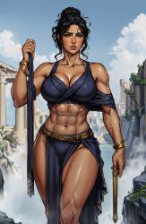 abs ai_generated athena athena_(greek_mythology) athletic_female black_hair brown_eyes goddess greece greek greek_mythology hair_bun medium_breasts mythology outdoors virgin