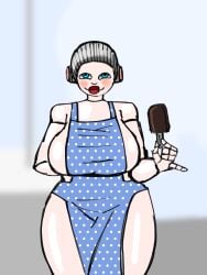 1girls 2023 2d apron atomic_heart big_breasts blue_eyes female female_only hips holding_object holding_popsicle humanization minigonchar naked naked_apron naked_female nude_apron popsicle red_lips robot robot_girl robot_humanoid smile tereshkova