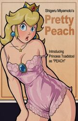 1girls athletic athletic_female blonde_hair blue_eyes blush blushing breasts busty character_name cleavage crown earrings english_text female female_focus female_only hourglass_figure lipstick long_hair mario_(series) necklace nightgown nintendo nude nude_female nudity pinup pinup_pose princess_peach solo standing strap_slip tagme text thighs trpxart wide_hips