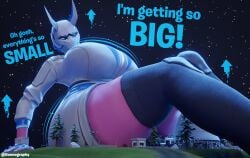 doonography fortnite fortnite:_battle_royale giantess_growth gloves harlowe_(fortnite) helmet huge_breasts jacket pink_skin shorts text thick_thighs thighhighs