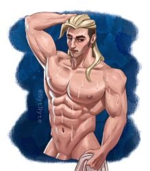 1boy abs bara barazoku biceps blonde_hair completely_nude gay hi_res highres male male_focus male_only manly midnyte muscles muscular muscular_arms muscular_male nude nytnyte penis solo solo_male sova_(valorant) valorant wet