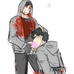 2boys artist_request black_hair blood blowjob blush book_simon censored censored_penis cry_of_fear duo gray_clothes gray_jacket gray_shirt hand_on_head hands_tied holding_head jacket male_only rape simon_henriksson smile smiling white_background wojumi yaoi