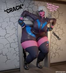 boots doonography female fortnite fortnite:_battle_royale gloves green_eyes harlowe_(fortnite) huge_ass jacket pink_skin shorts stuck_in_door text thighhighs white_hair