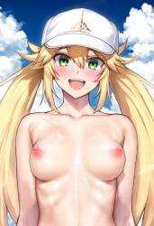 1girls artoria_pendragon artoria_pendragon_(caster) blonde_hair breasts fate/grand_order fate_(series) green_eyes hair hat long_hair momisan nipples nude nude_female smiling_at_viewer solo