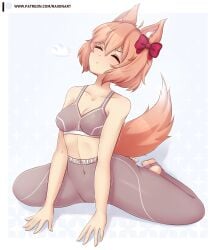 bow bow_in_hair bra closed_eyes doki_doki_literature_club female female_only fox fox_ear fox_ears fox_girl fox_tail foxgirl gym_clothing just_sayori raionart sayori_(doki_doki_literature_club) stirrup_legwear stretching tremble_lines trembling yoga yoga_pants yoga_pose