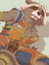 anthro armpit_hair blush bodily_fluids body_hair bondage bound brown_body brown_eyes brown_fur brown_penis clothed clothing fur furry genital_fluids genitals guardians_of_the_galaxy guardians_of_the_galaxy_(2014) half-erect hi_res looking_at_viewer looking_pleasured male male_only mammal marvel marvel_cinematic_universe partially_clothed penis precum procyonid raccoon rocket_raccoon sadness_hao simple_background solo wardrobe_malfunction