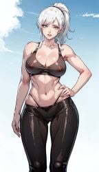 1girls 2d_(artwork) ai_generated areolae blue_eyes breasts clothing hips large_breasts looking_at_viewer midriff nipples panties rwby see-through see-through_clothing thick_thighs thighs tmis tummy weiss_schnee white_hair wide_hips