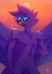 absurd_res adian anthro avian beak bird blue_eyes eyewear glasses hi_res male nerd oscine passerine smolspearrow solo sparrow sparrow_(bird) sunset tagme wings