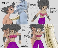 3girls abs angel angel_(dragon_ball) blue_skin caulifla dragon_ball dragon_ball_super english_text female female_only kale light-skinned_female light_skin multiple_girls muscular_female sex_toy strap-on strapon text universe_6 universe_6/universe_7 universe_6_girls vados