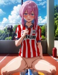 2d ai_generated atletica_(brand) blue_eyes bottomless brush club_deportivo_guadalajara gym kawaii_dake_ja_nai_shikimori-san nekom14 pink_hair pussy shikimori_(kawaii_dake_ja_nai) shikimori_micchon spread_legs