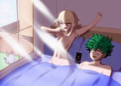 1boy 2girls bed bite_marks blacknwhitechan blonde_hair boku_no_hero_academia censored cuckquean deku exhausted fangs green_hair himiko_toga izuku_midoriya midoriya_izuku my_hero_academia ochako_uraraka pale-skinned_female pale-skinned_male phone_ringing stretching toga_himiko uraraka_ochako yellow_eyes