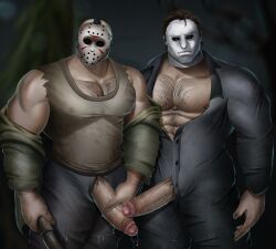 2023 2boys artpoyy bara barazoku big_penis boner clothing crossover erection friday_the_13th gay hairy_chest halloween halloween_(series) hand_on_penis hi_res highres hockey_mask jason_voorhees looking_at_viewer male male/male male_focus male_nipples male_only male_pubic_hair manly mask michael_myers muscles muscular muscular_male nipples penis precum precum_drip solo solo_male tight_clothing touching_penis yop5281