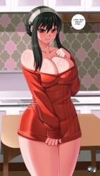 1girls black_hair braided_hair casual dialogue female headband jadenkaiba large_breasts solo spy_x_family sweater tagme yor_briar yor_forger
