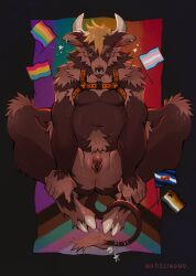 2023 andromorph anthro anus arm_tuft bear bear_pride_colors bedding blanket blonde_hair bovid bovine brown_body brown_ears brown_fur brown_inner_ear brown_pubes cattle clothed clothing cuntboy digital_drawing_(artwork) digital_media_(artwork) ear_piercing ear_ring facial_piercing flag front_view full-length_portrait fur furgonomics furry-specific_piercing gay_pride gay_pride_colors genitals grey_horn hair hands_on_legs harness hi_res hooves horn hybrid intersex knee_tuft koda_(abearfromspace) leg_tuft lgbt_pride mammal muzzle_piercing navel nose_piercing nose_ring nudelinooo orange_harness overweight overweight_andromorph overweight_anthro overweight_intersex pansexual_pride_colors partially_clothed piercing portrait pride_colors progress_pride_colors pubes pup_pride_colors pussy rainbow_pride_colors ring_piercing shoulder_tuft solo spread_legs spreading tongue tongue_out transgender_pride_colors tuft