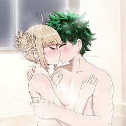 1boy 1boy1girl 1girls bathroom bathtub blacknwhitechan blonde_hair blush boku_no_hero_academia censored_nipples closed_eyes cute deku female green_hair hands_on_back hands_on_chest hi_res himiko_toga hugging in_bath izuku_midoriya kiss kissing light-skinned_female light-skinned_male light_skin love male medium_breasts messy_hair midoriya_izuku muscular muscular_arms muscular_male my_hero_academia scars scars_on_arm short_hair toga_himiko wholesome window yellow_hair