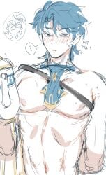 2boys ? ?? blue_eyes blue_hair blush byebyefrog closed_eyes confusion english_text fire_emblem fire_emblem:_genealogy_of_the_holy_war looking_at_viewer male male_only multiple_boys muscular muscular_male nintendo seliph_(fire_emblem) short_hair sigurd_(fire_emblem) solo_focus text