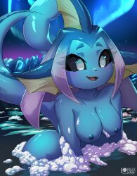 anthro anthrofied aria_(rilex_lenov) black_sclera blush breasts eeveelution eyelashes female foam furry nude open_mouth open_smile pokémon_(species) pokemon rilex_lenov vaporeon water white_eyes