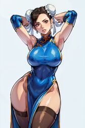 1girls 2d_(artwork) ai_generated armpits breasts brown_eyes brown_hair child_bearing_hips chun-li clothing hips large_breasts simple_background street_fighter thick_thighs thighhighs thighs tmis tummy white_background wide_hips