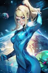 1girls ai_generated alternate_version_available blonde_hair blonde_ponytail blue_eyes bounty_hunter female in_space metroid metroid_(creature) navel navel_visible_through_clothes nintendo pixai planet pooplool samus samus_aran slim_female slim_figure solo solo_female tagme thin thin_female zero_suit_samus