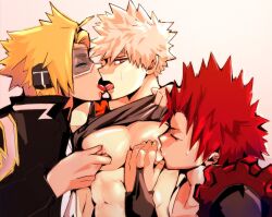 3boys big_breasts darkline denki_kaminari eijirou_kirishima gay katsuki_bakugou kissing male male_only man_boobs my_hero_academia nipple_pinch nipple_play nipple_suck nipple_tweak nipples no_visible_genitalia tagme threesome undressing yaoi