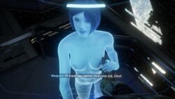 3d_(artwork) artificial_intelligence blender_(software) blue_body blue_hair blue_skin dialogue ghxstrose grabbing_breasts halo_(series) high_resolution hud looking_at_viewer master_chief pov pov_eye_contact the_weapon_(halo_infinite) video_game_character video_games