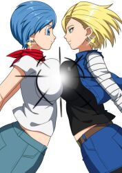 android android_18 blonde_hair blue_hair breast_press breast_to_breast breasts_pressed_against_partner bulma_briefs dragon_ball dragon_ball_super dragon_ball_z eighteenetzel fully_clothed fusion potara_earrings tagme