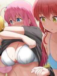 3girls :o @_@ absurdres ass black_shirt blue_bra blue_eyes blush bocchi_the_rock! bra breast_envy breasts cleavage clothes_lift commentary cube_hair_ornament flat_chest gotou_hitori green_eyes hair_ornament highres ijichi_nijika kita_ikuyo large_breasts lifted_by_self long_hair multiple_girls paid_reward_available panties pink_hair pink_panties poa_mellhen raised_eyebrows red_hair shirt shirt_lift shy side_ahoge underwear undressing white_bra