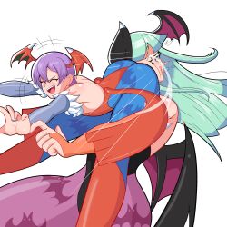 2022 2demons 2girls ass ass_on_face bat_print blue_pantyhose capcom cheek_press closed_eyes clothing darkstalkers demon_wings female female_only flat_chest funny gauntlets green_eyes green_hair head_wings leotard lilith_aensland long_hair mizului morrigan_aensland pantyhose purple_hair purple_pantyhose short_hair sisters smile succubi succubus thick_thighs very_high_resolution white_background wings